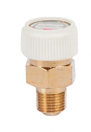 Industrial pressure gauge sensor with a white dial mounted on a brass fitting.