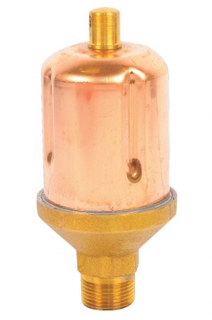 Copper-colored metal pressure sensor with brass fittings on a white background.