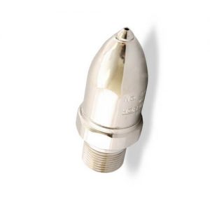A silver-colored metal sprinkler nozzle isolated on a white background.