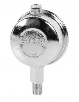 Shiny metal air valve with engraved text "MAID-O-MIST" and a threaded connector.
