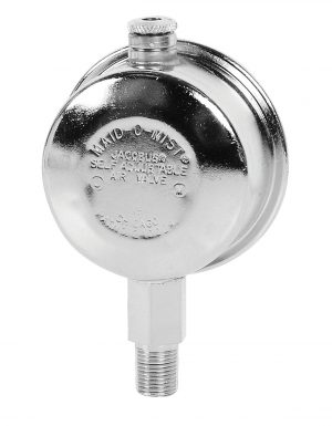 Shiny metal air valve with engraved text "MAID-O-MIST" and a threaded connector.