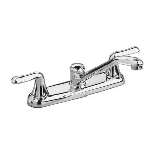 Shiny chrome double-handle kitchen faucet on a white background.