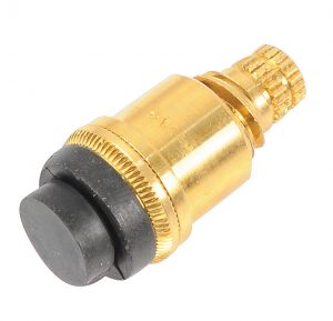 A brass tire valve with a black rubber cap, isolated on a white background.