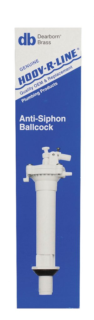 Anti-siphon ballcock for toilets on packaging.