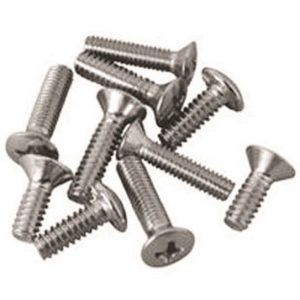 A pile of metal screws with flat heads and threaded shafts on a white background.