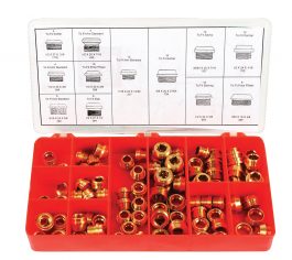 Case of brass plumbing fittings with a size chart for various brands.