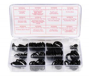 Plastic case containing assorted sizes of black rubber O-rings with labeled compartments.