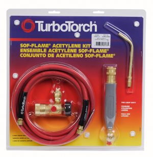 New acetylene torch kit by TurboTorch in packaging with hose, regulator, handle, and tip.