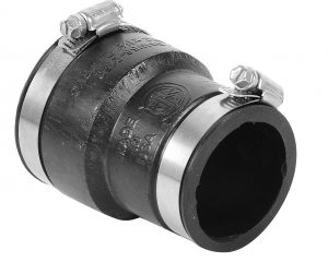 Close-up of a metallic pipe coupling with clamps on a white background.