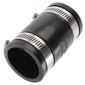 Black plastic pipe connector with metal hose clamps on a white background.