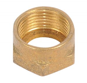 Brass hexagonal pipe coupling on a white background.