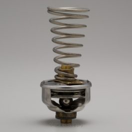 Metal thermostat component with a coiled spring on a white background.