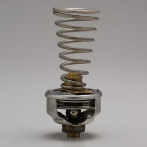 Metal thermostat component with a coiled spring on a white background.