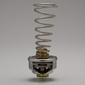 A thermostat with a metallic coil and a brass adjustment screw on a plain background.