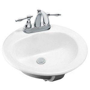 White oval bathroom sink with a silver faucet on a white background.