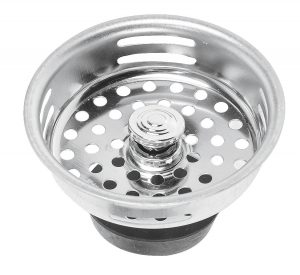 Close-up of a shiny metal sink drain basket on a white background.