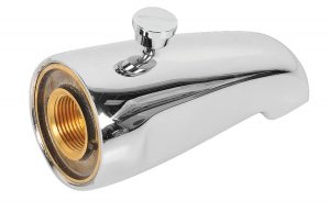 Chrome showerhead with brass connection and push-button diverter, isolated on white.