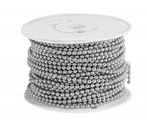A spool of silver bead chain on a white background.