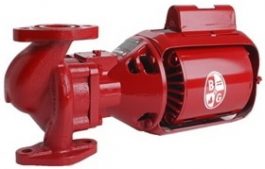 Red industrial water pump with motor housing and pipe flanges.