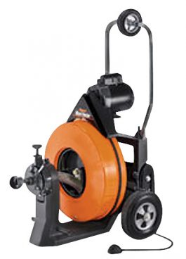 Portable electric drain cleaning machine with an orange drum on wheels.