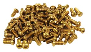 A pile of shiny gold-colored screws on a white background.