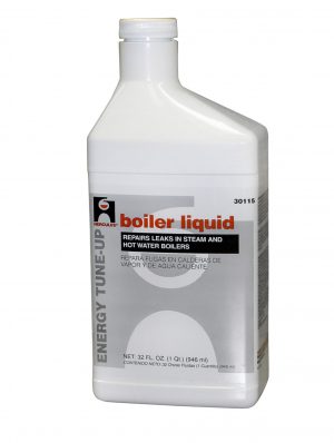 A bottle of boiler liquid for repairing leaks in steam and hot water boilers.