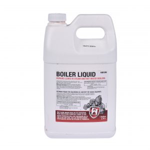 Container of boiler liquid for repairing leaks in steam and hot water boilers.