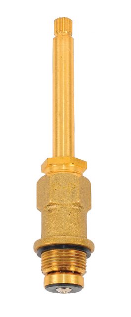 Brass faucet cartridge with threaded top and bottom on a white background.