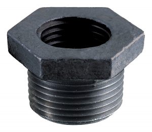 A close-up of a black metal hex nut threaded onto a short pipe.