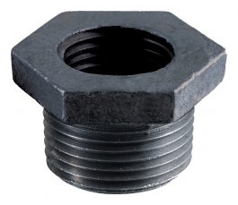 A close-up of a black hexagonal pipe coupling on a white background.