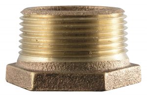 Close-up of a brass metal pipe fitting with male threaded end.