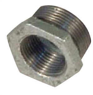 Silver hexagonal metal nut with internal and external threading.