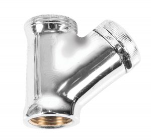 Chrome-plated brass Y-shaped pipe fitting with three threaded connections.