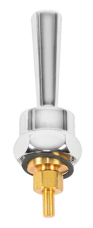 Chrome showerhead valve with white handle and gold-colored fitting against a white background.