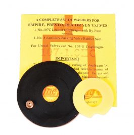 A black leather diaphragm and a yellow valve seat for plumbing on an orange instruction sheet.
