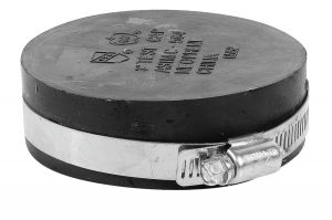 A black and silver hockey puck with a metal clamp wrapped around it.
