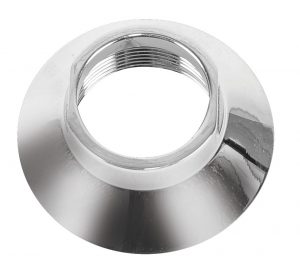 A shiny metal flange with threaded interior isolated on a white background.