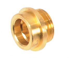 A brass plumbing compression fitting isolated on a white background.