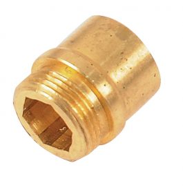 Brass hexagonal adapter with male thread for plumbing or gas fittings.