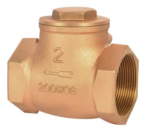 Brass check valve with inscribed "2" and arrow indicating flow direction.