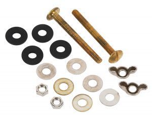 A collection of hardware including screws, nuts, washers, and wing nuts on a white background.