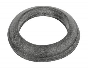 A single black rubber O-ring on a white background.