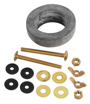 Assorted hardware with two screws, nuts, washers, and a rubber gasket on a white background.