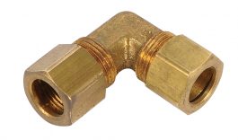 Brass compression fitting elbow on a white background.