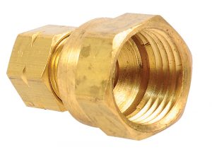 A brass compression fitting with a female threaded connector on a white background.