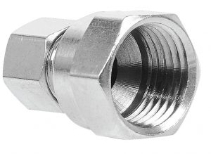 Close-up of a metal coaxial cable connector on a white background.