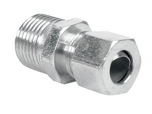 A metallic coaxial cable connector with threaded male end and hexagonal tightening nut.