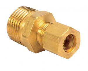 Brass compression fitting for plumbing isolated on a white background.