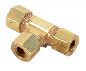 Brass double-ended flare union fitting for pipes on a white background.