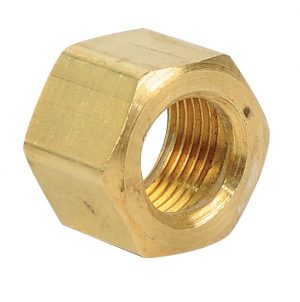 A brass hexagonal nut with internal threads, isolated on a white background.